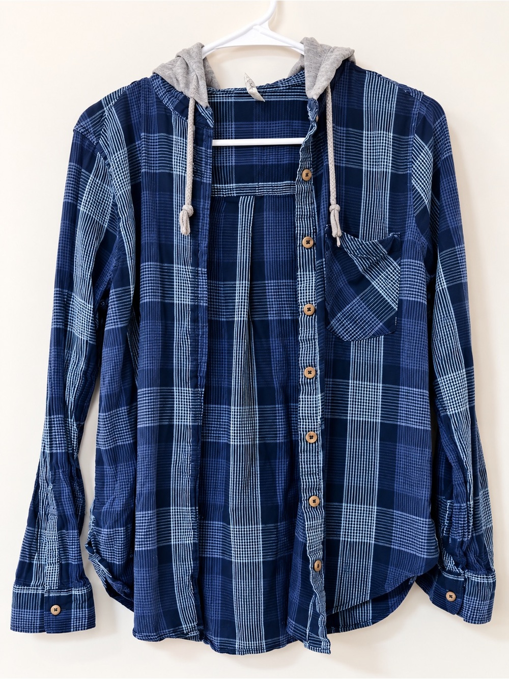 Mudd Navy & Light Blue Plaid Hooded Button-Up Shirt